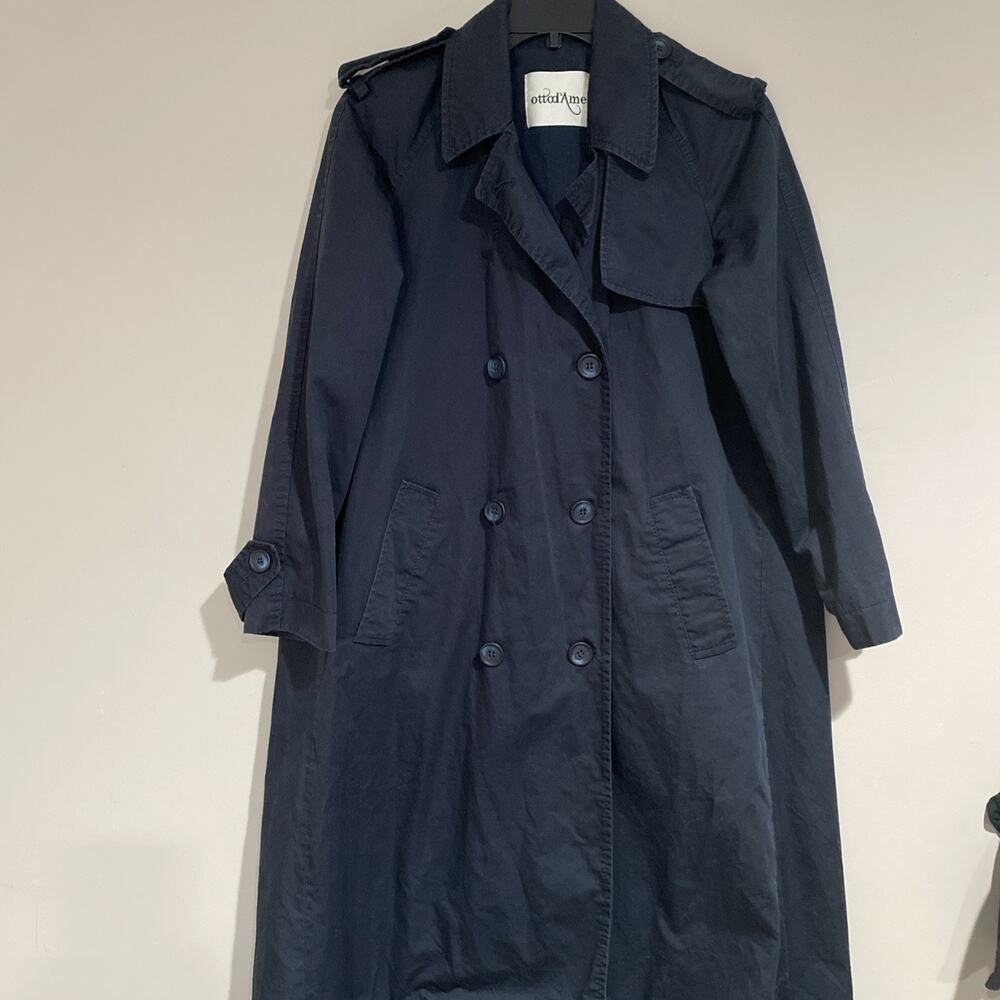 Ottod Ame Navy Blue Double Breasted Oversized Trench Coat Fish Tail Back Size 2